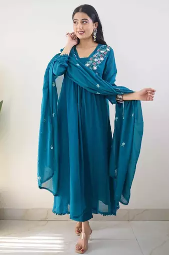 Blue embroidered cotton kurta pant with dupatta