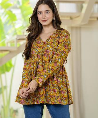 Yellow floral printed cotton tunic short kurti top for women 1