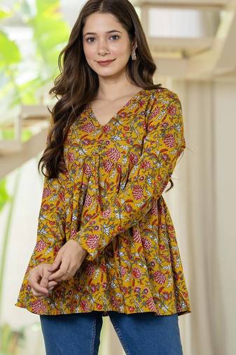 Yellow floral printed cotton tunic short kurti top for women