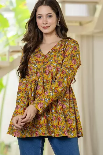 Yellow floral printed cotton tunic short kurti top for women