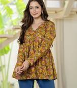 Yellow floral printed cotton tunic short kurti top for women