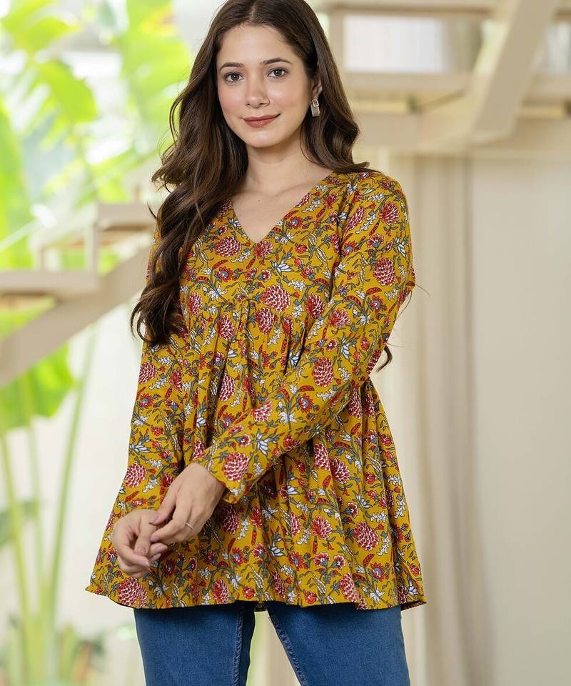 Yellow floral printed cotton tunic short kurti top for women