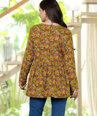 Yellow floral printed cotton tunic short kurti top for women 2