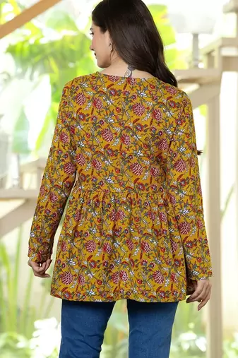 Yellow floral printed cotton tunic short kurti top for women