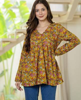 Yellow floral printed cotton tunic short kurti top for women 3