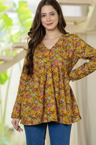 Yellow floral printed cotton tunic short kurti top for women