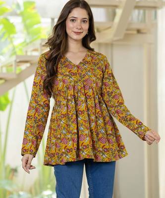 Yellow floral printed cotton tunic short kurti top for women 4