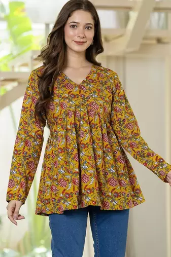 Yellow floral printed cotton tunic short kurti top for women