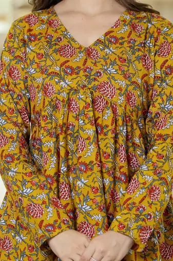 Yellow floral printed cotton tunic short kurti top for women