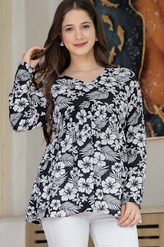 Black floral printed cotton tunic short kurti top for women