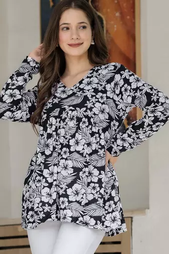 Black floral printed cotton tunic short kurti top for women