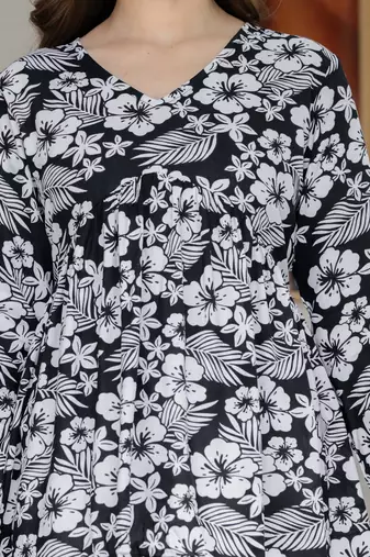 Black floral printed cotton tunic short kurti top for women