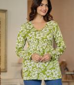 Green floral printed cotton tunic short kurti top for women