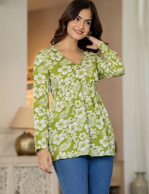 Green floral printed cotton tunic short kurti top for women 3