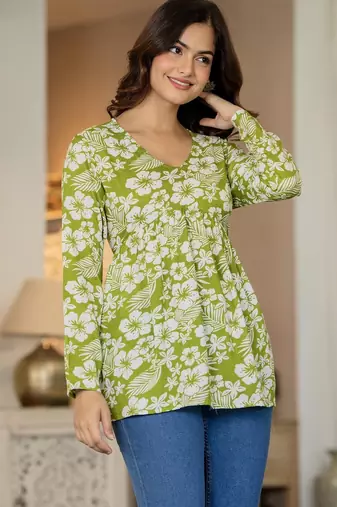 Green floral printed cotton tunic short kurti top for women