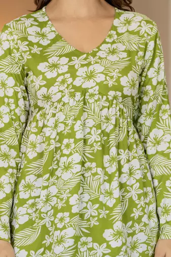 Green floral printed cotton tunic short kurti top for women