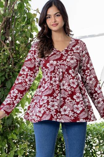 Maroon floral printed cotton tunic short kurti top for women