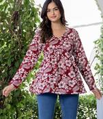 Maroon floral printed cotton tunic short kurti top for women