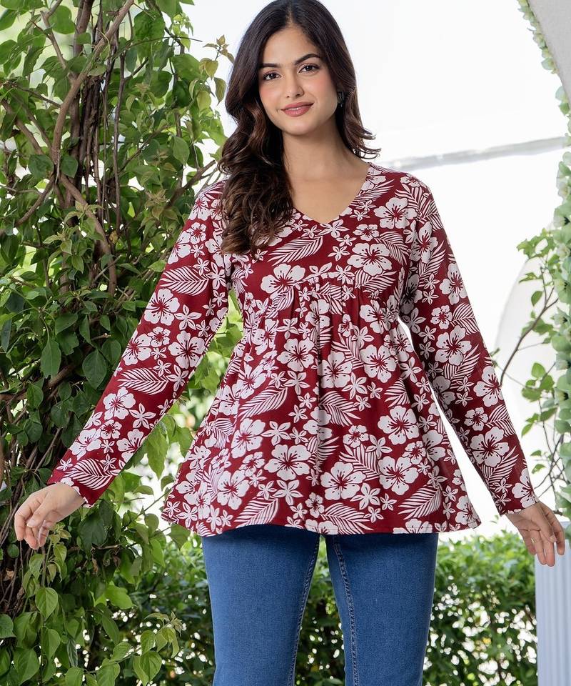 Maroon floral printed cotton tunic short kurti top for women