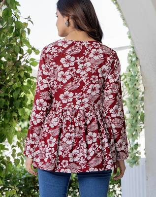 Maroon floral printed cotton tunic short kurti top for women 2