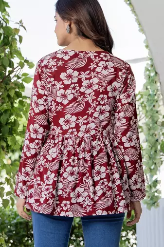 Maroon floral printed cotton tunic short kurti top for women