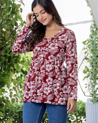 Maroon floral printed cotton tunic short kurti top for women 3