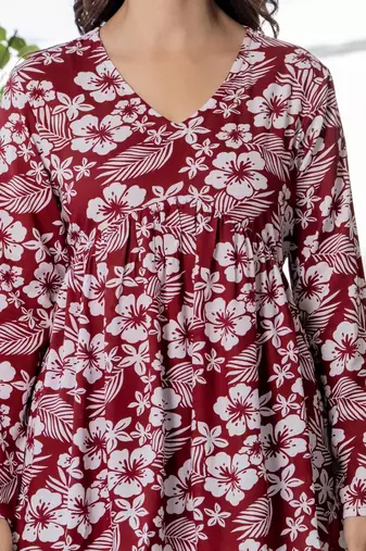 Maroon floral printed cotton tunic short kurti top for women