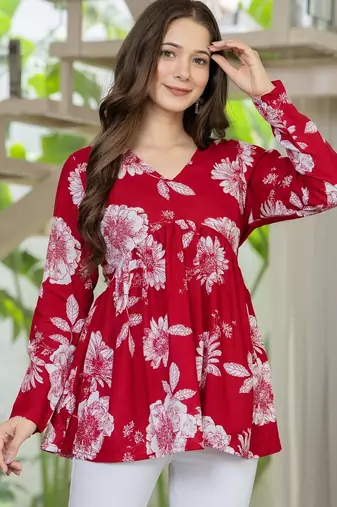 Red floral printed cotton tunic short kurti top for women