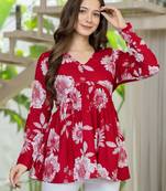 Red floral printed cotton tunic short kurti top for women