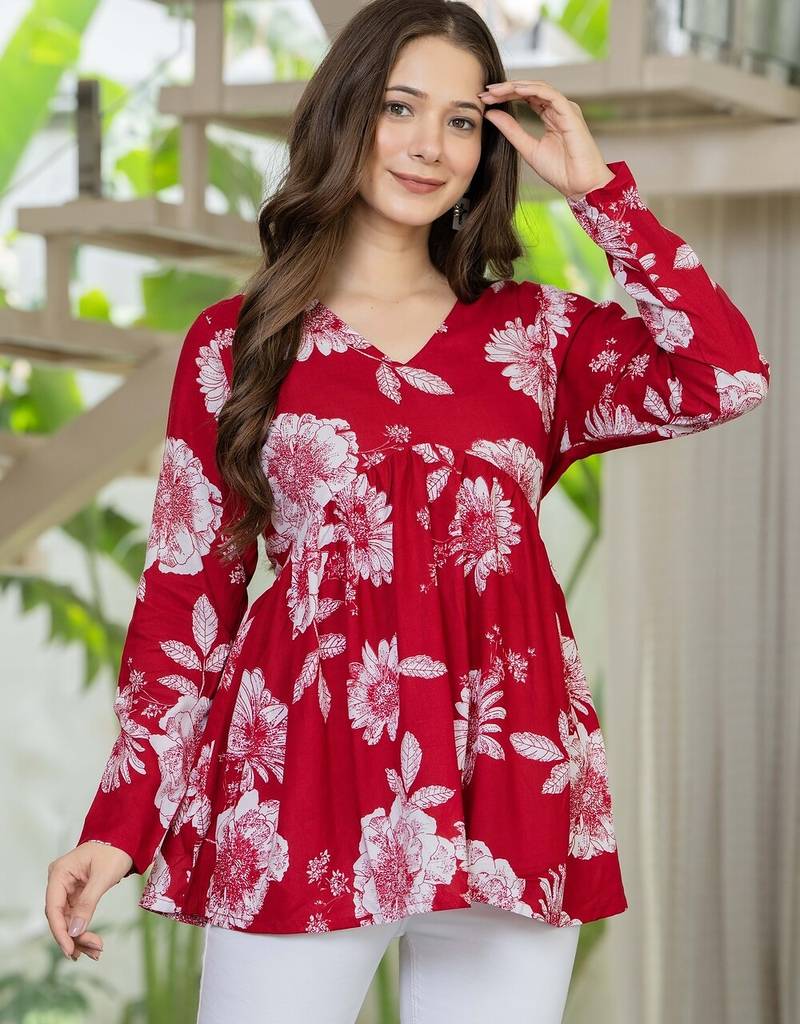 Red floral printed cotton tunic short kurti top for women