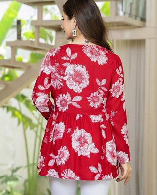 Red floral printed cotton tunic short kurti top for women 2