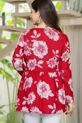 Red floral printed cotton tunic short kurti top for women