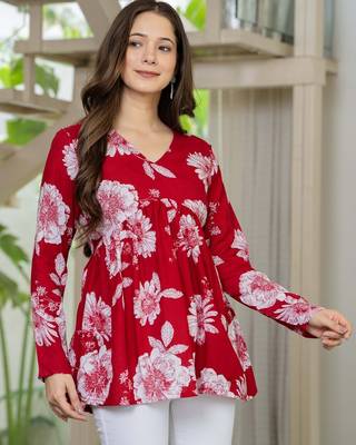 Red floral printed cotton tunic short kurti top for women 3