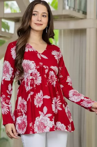 Red floral printed cotton tunic short kurti top for women