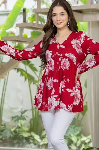 Red floral printed cotton tunic short kurti top for women