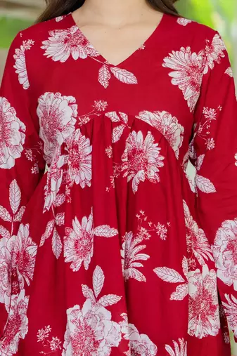 Red floral printed cotton tunic short kurti top for women