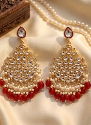   Beautiful Red Color Gold Plated Pearl Earrings for Wo  and Girls 1