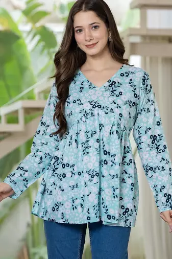 Blue floral printed cotton tunic short kurti top for women