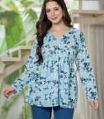 Blue floral printed cotton tunic short kurti top for women