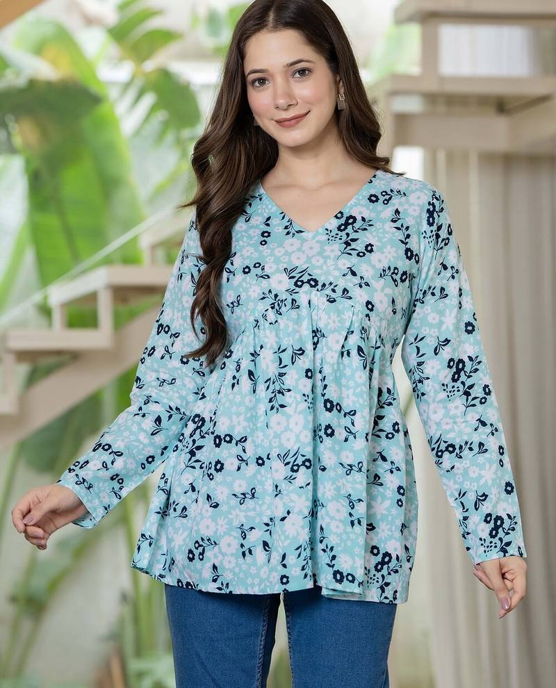 Blue floral printed cotton tunic short kurti top for women