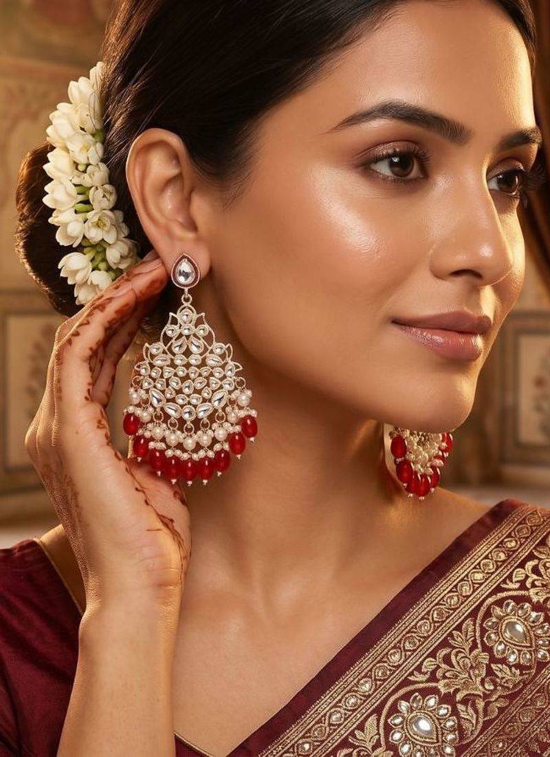  Beautiful Red Color Gold Plated Pearl Earrings for Wo  and Girls