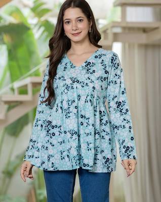 Blue floral printed cotton tunic short kurti top for women 2