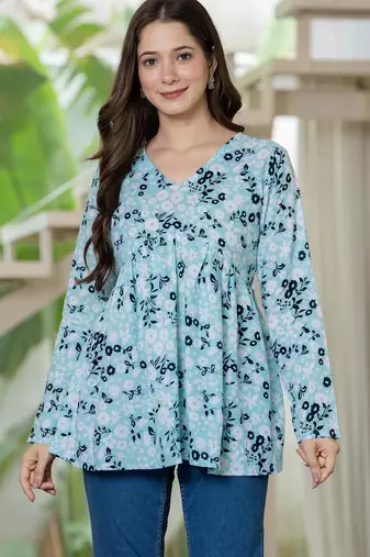 Blue floral printed cotton tunic short kurti top for women