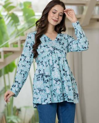 Blue floral printed cotton tunic short kurti top for women 3