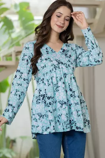 Blue floral printed cotton tunic short kurti top for women