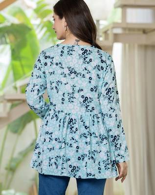 Blue floral printed cotton tunic short kurti top for women 4