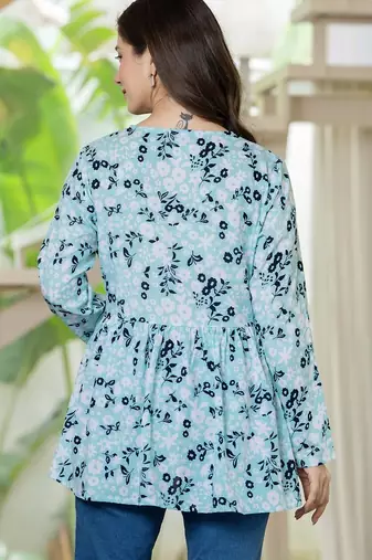 Blue floral printed cotton tunic short kurti top for women