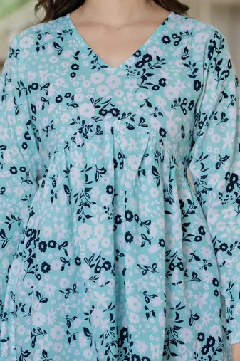 Blue floral printed cotton tunic short kurti top for women