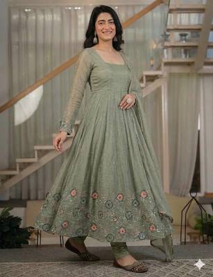 Light mehendi green cruncy silk party wear embroidery suit set 2