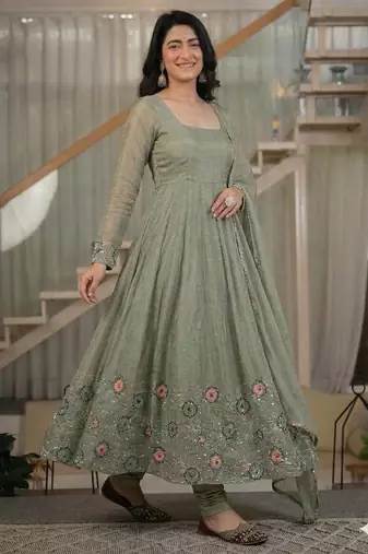Light mehendi green cruncy silk party wear embroidery suit set
